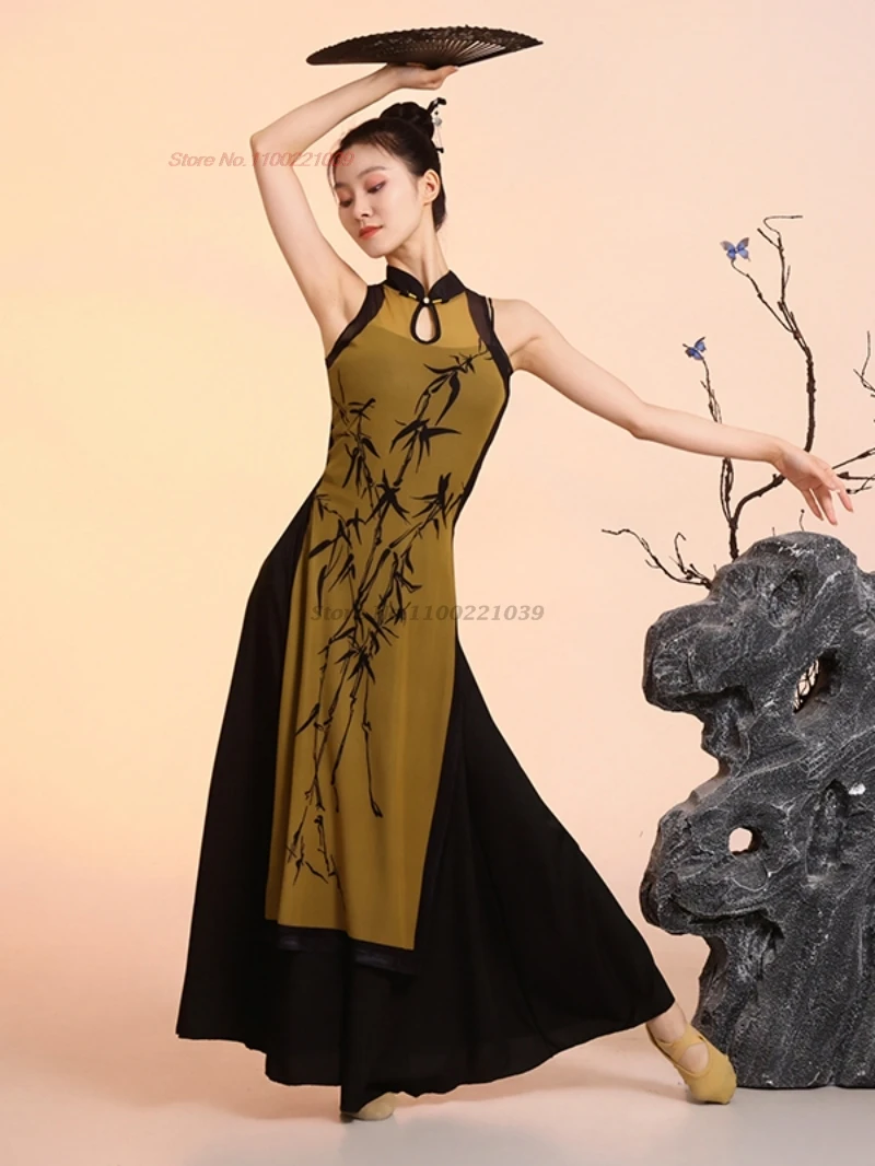

2025 chinese vintage dance costume flower print mesh qipao tops+pants set traditional stage performance practice qipao dress