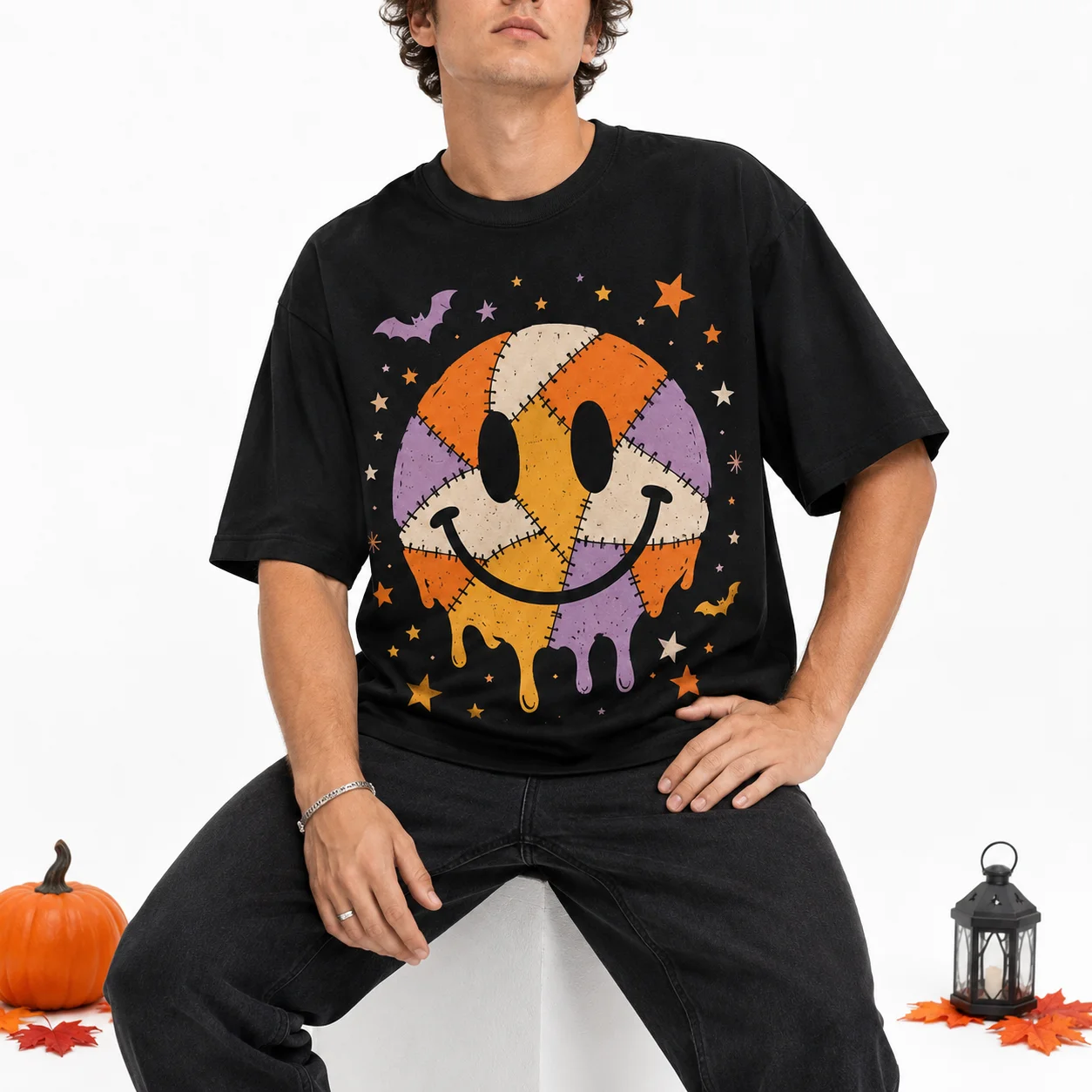 Halloween Melting Smiley Graphic T‑Shirt Unisex Loose Retro Dripping Face Tees 100% Cotton Autumn Short‑Sleeve Top Holiday Party