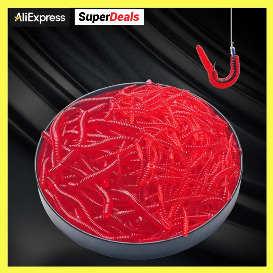 Soft Lures Earthworm 100pcs PVC Lifelike Red Worm Fishing Silicone Fishy Shrimp Worm Fishy Smell Artificial Fishing Lures 3.5cm