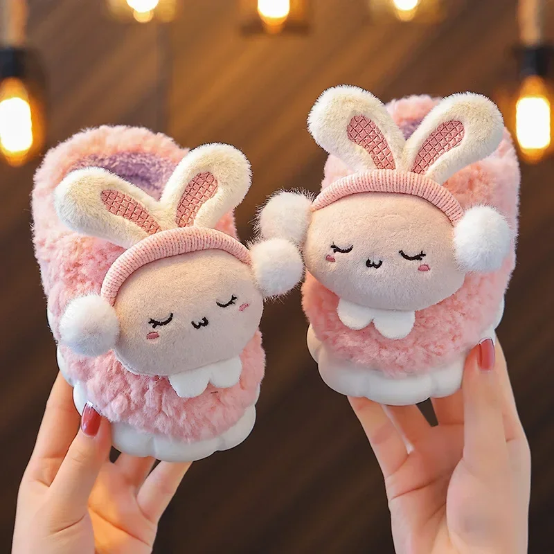 Children's Cotton Slippers Winter Princess Shoes Warm Kids Cute Rabbit Cartoon Furry Shoes Little Girl Soft Sole Baby Slippers