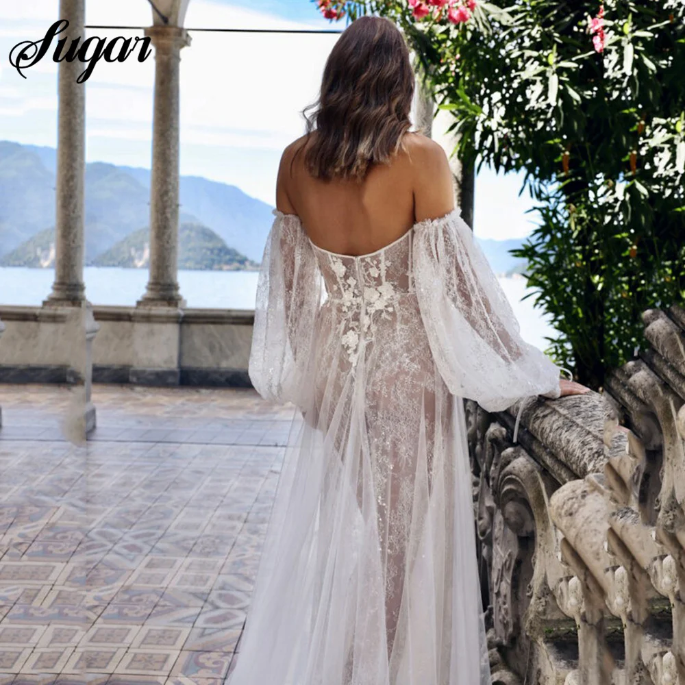 Sexy Illusion Lace And Tulle Beach Wedding Dresses Sweetheart Puffy Sleeves Bridal Gowns High Slit Brides Dress robe de mariée