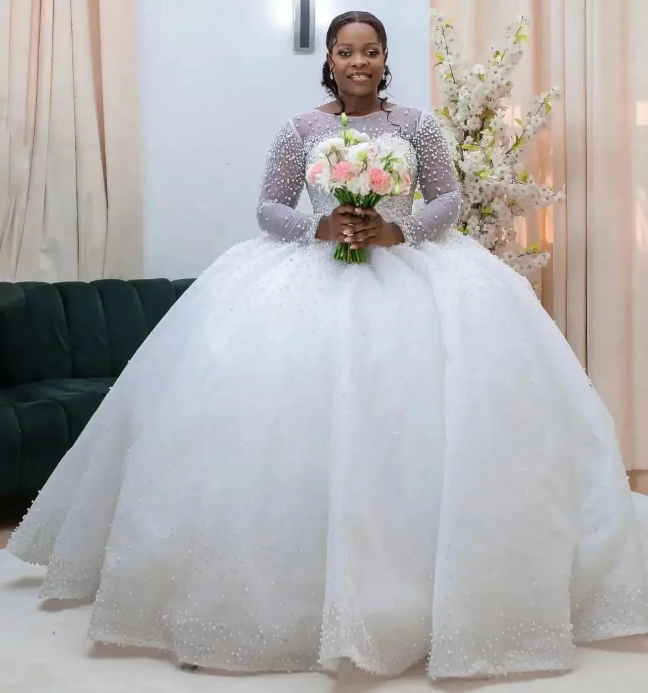 Customized African Puffy Wedding Dress O-Neck Long Sleeves Crystal Beads Appliqued Lace Women Bridal Gowns Court Train New Desig