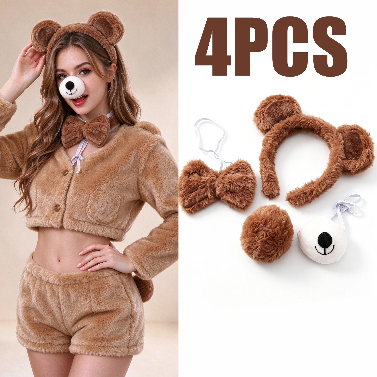 4-teiliges Plüsch-Bären-Cosplay-Set, Bärenohren-Stirnband, Fliege, Nase, Schwanz, Halloween-Tier-Party-Kostümzubehör für Damen