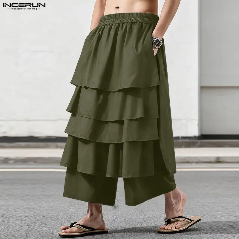 

Мужские брюки INCERUN, однотонные, с асимметричным кроем, 2026, с оборками, на резинке, джоггеры, широкие штанины, мужская уличная одежда, свободные модные повседневные брюки