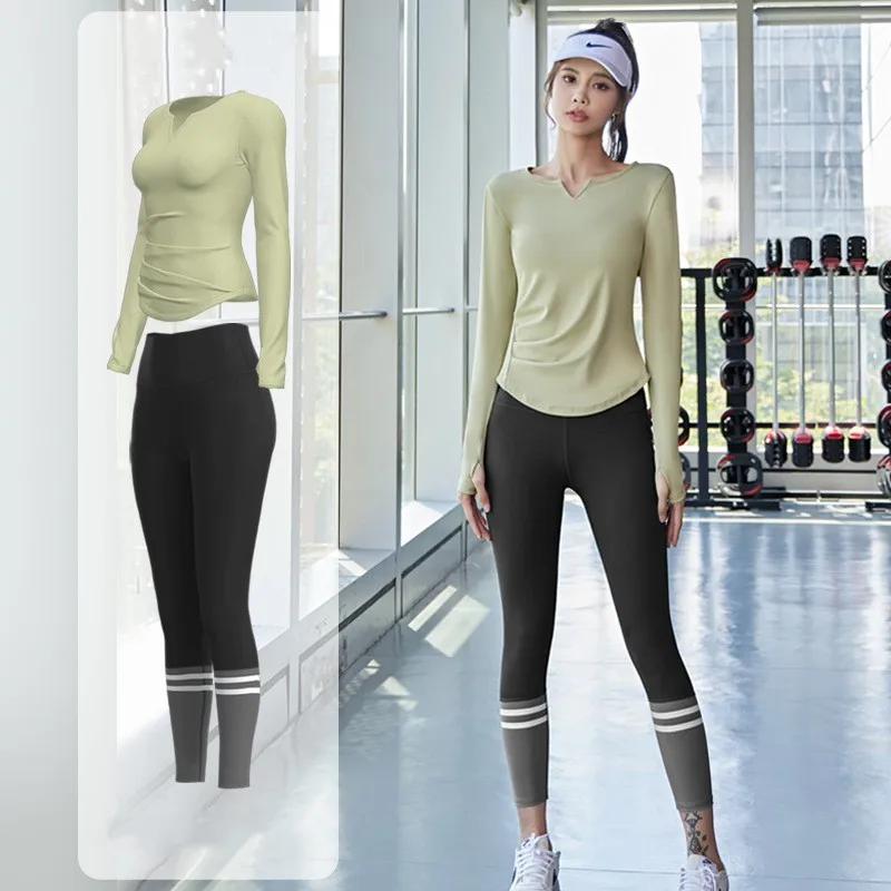 Women Long Sleeve Crop Top Gym Running Leggings Autumn Seamless Yoga Elastic Fitness Workout Sportswear