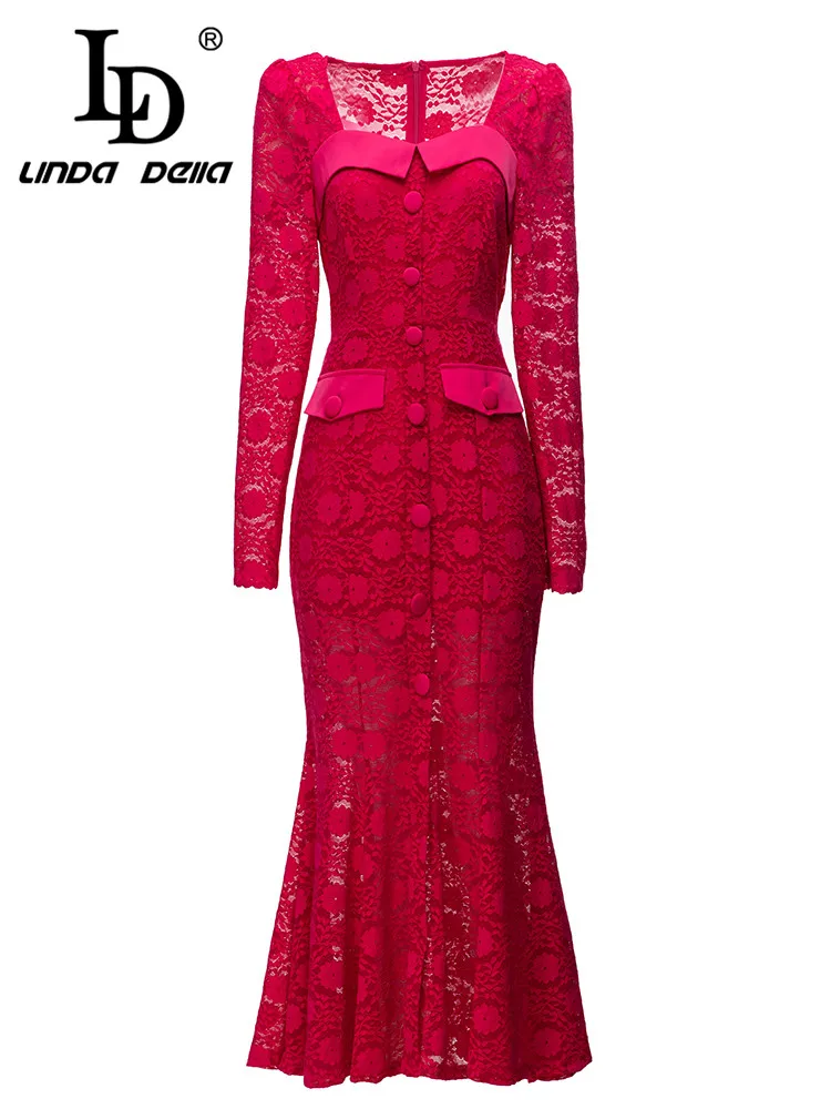 

LD LINDA DELLA 2023 New Style Elegant Party Dress Women's Red Vintage Square Collar Single-breasted High Waist Hollow Out Dress