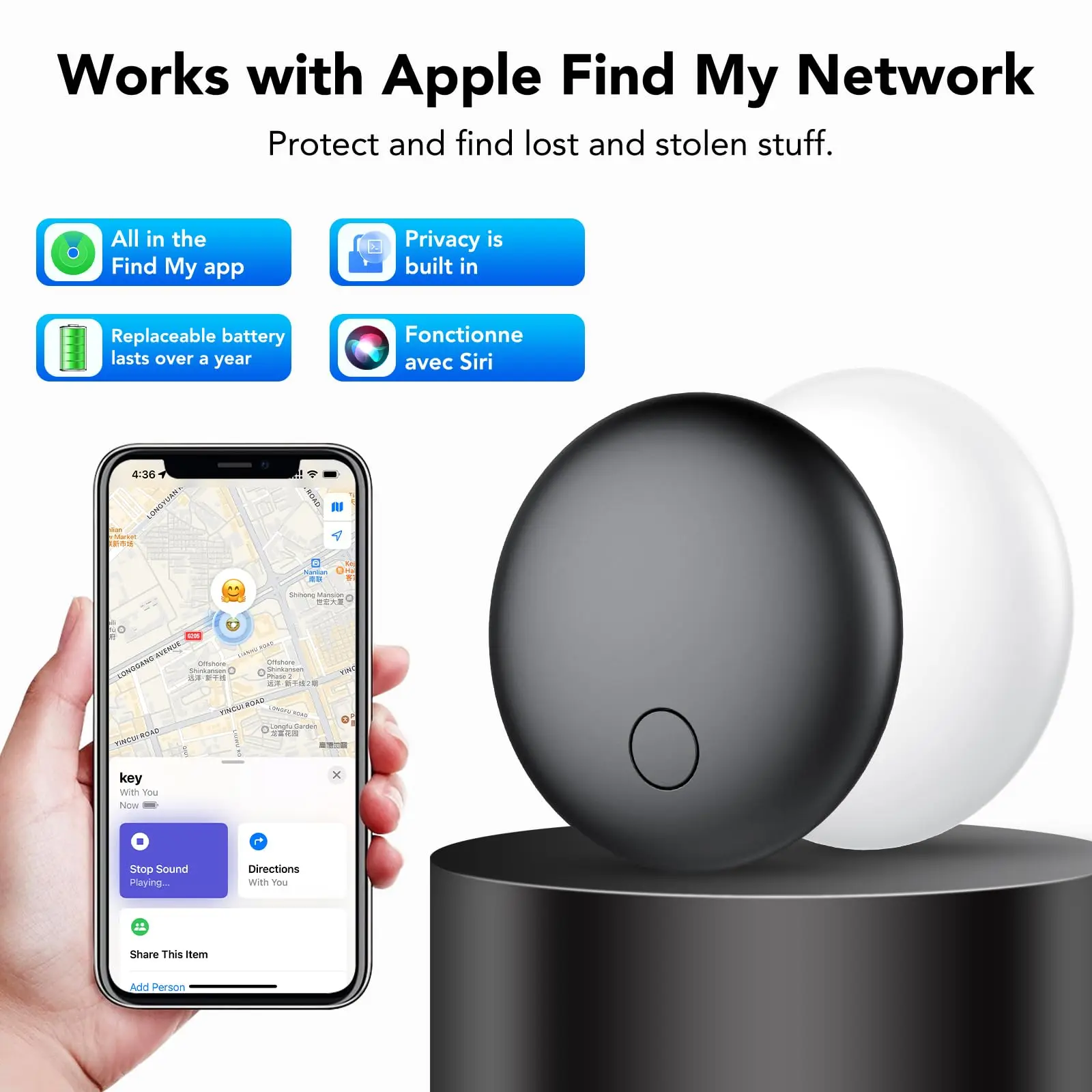 2-Pack Smart Tracker Tag for Apple Find My App, IP67 Waterproof, Replaceable Battery, for Keys, Luggage, Backpack + Holder