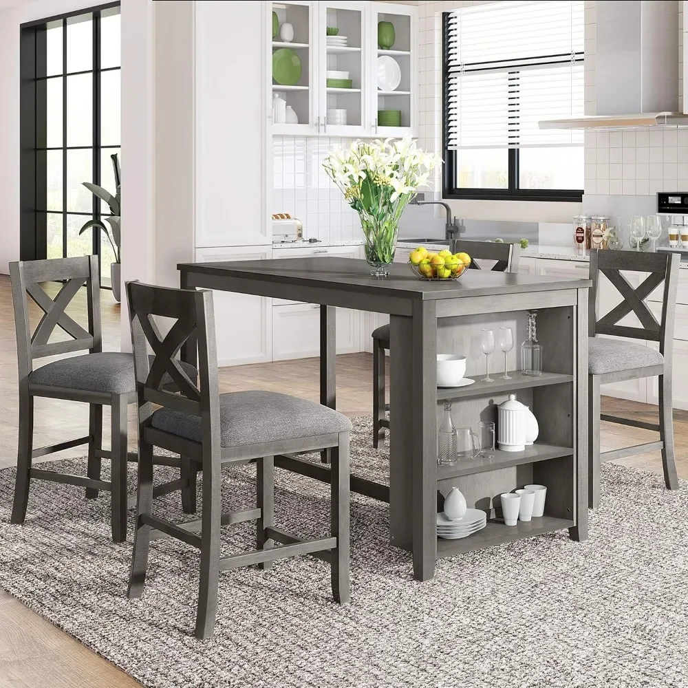 

5 Pieces Dining Table Set with Storage Shelf, Dininer Tables and Chairs Sets, Counter Height Rustic Farmhouse Dining Room Set