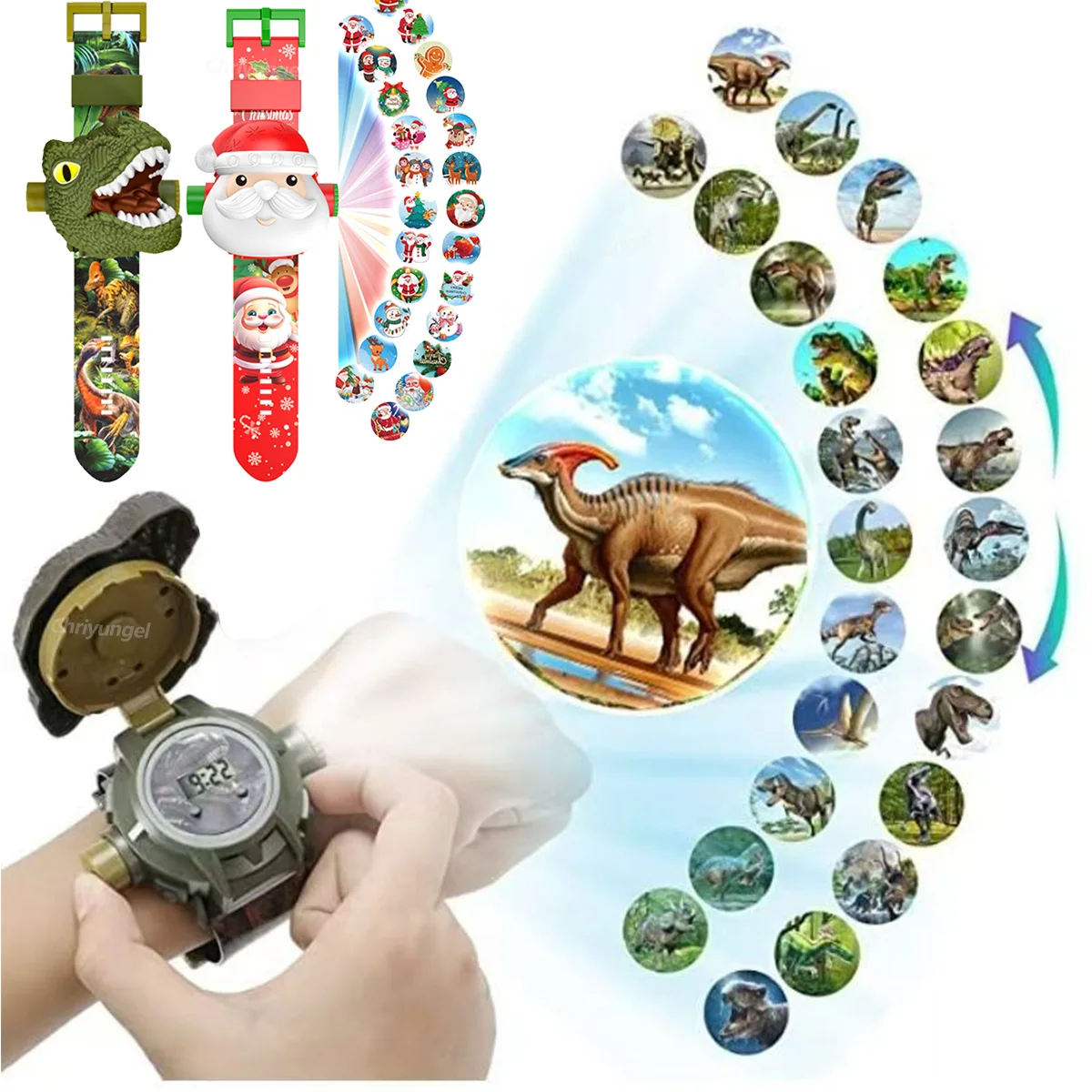 Kinder-Dinosaurier-Projektionsuhr, Projektor-Spielzeug mit 24 Mustern, Weihnachten, elektronische Uhr, Lernspielzeug, Geschenk für Jungen und Mädchen