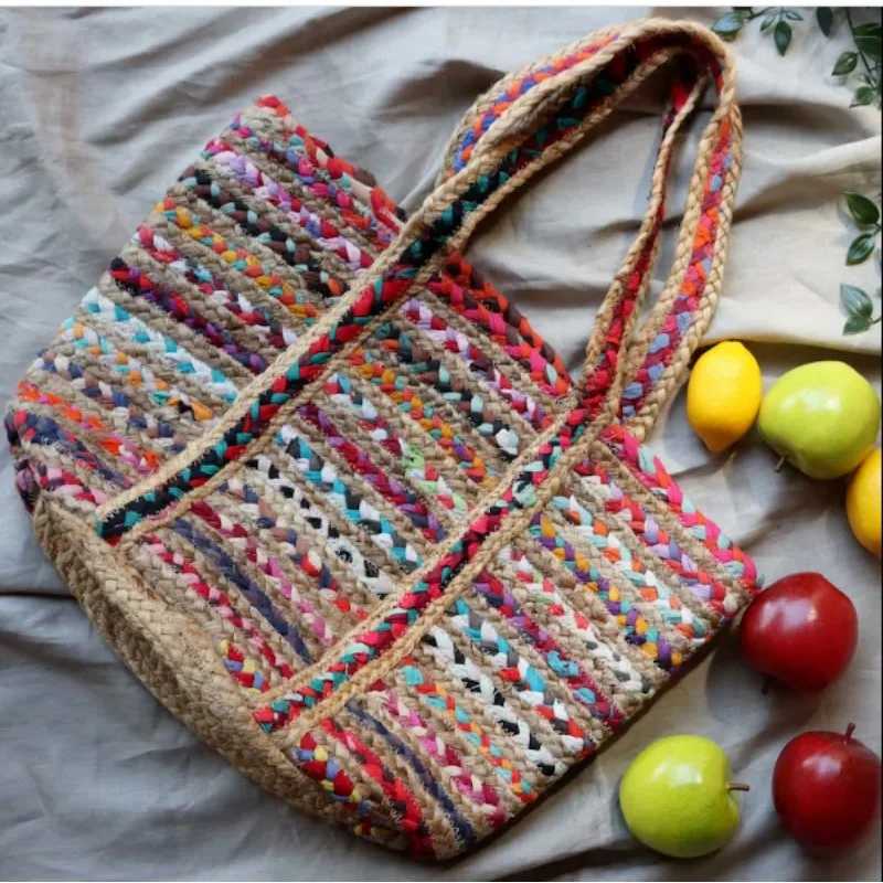 Beach Tote Bag Jute Cotton Braided Woven Handbag Wide Space Storage Tote Bags