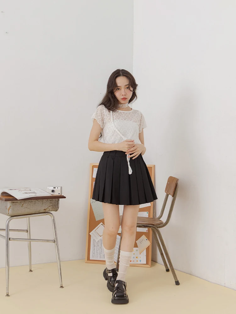 

Queenop Casual Belted Pleated Suit ort Skirt New Autumn Winter Women's Faion High Waist Cotton Polyester Blend Skirt