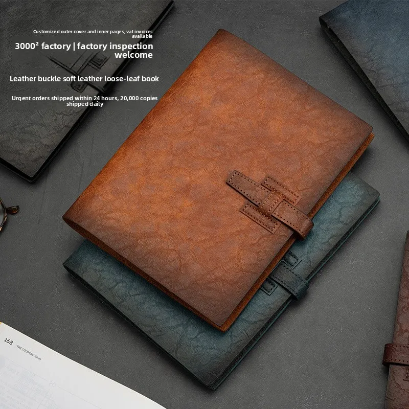 A5 Genuine Cowhide Leather Refillable Binder Notebook Vintage Cross Strap Loose Leaf Journal with 100gsm Lined Paper for
