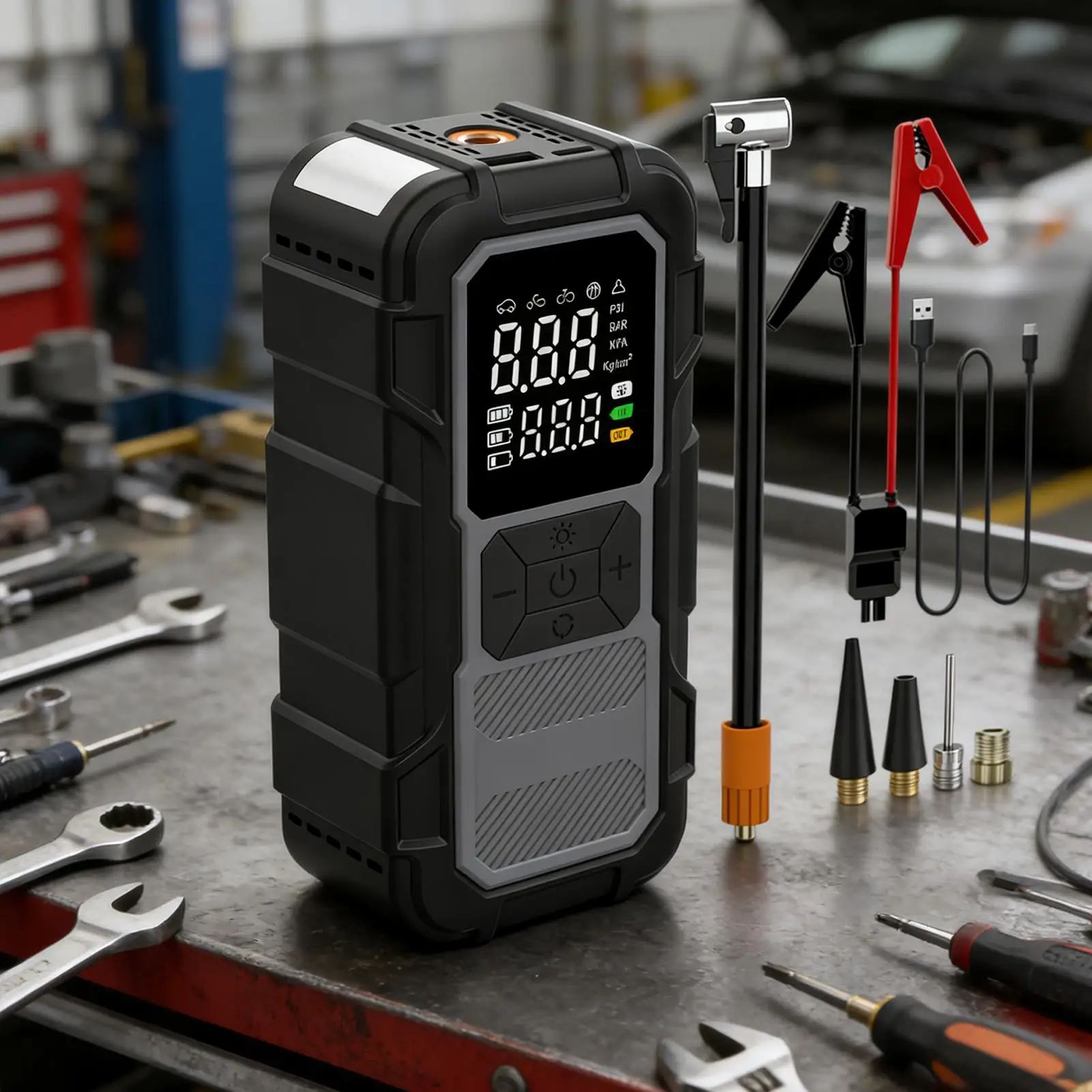 Jump Starter With Air Compressor 12V Power Bank With Cables Dead Car Battery Jump Starter For Inflating Tires Long Trips Urban