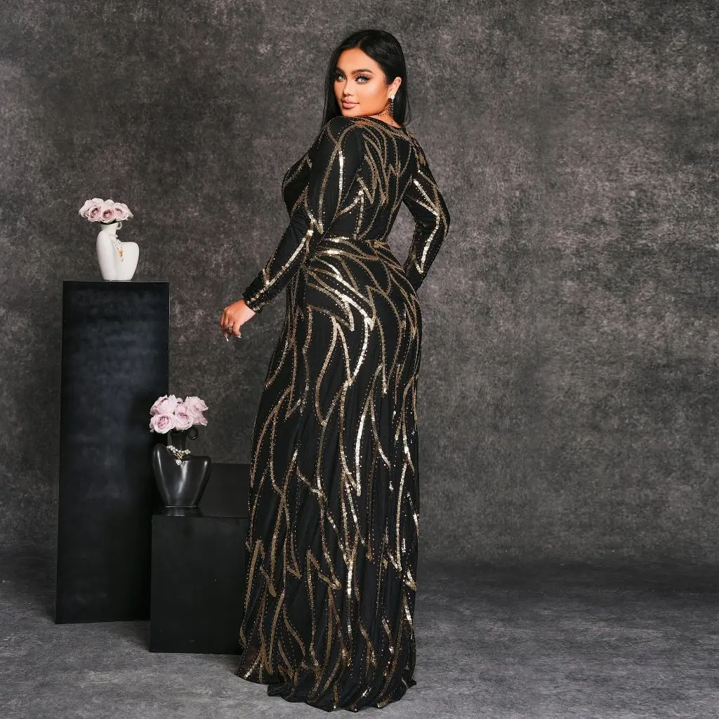 Vestido de noche de talla grande con cuello redondo y manga larga para mujer, vestido de banquete Sexy con lentejuelas para chicas regordetas, estilo europeo y americano