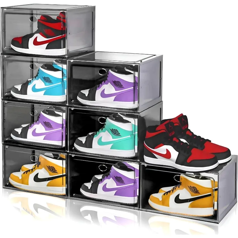 Large Shoe Boxes Clear Plastic Stackable, 8 Pack Drop Side Shoe Storage Boxes with Magnetic Door, Shoe Storage Organizer