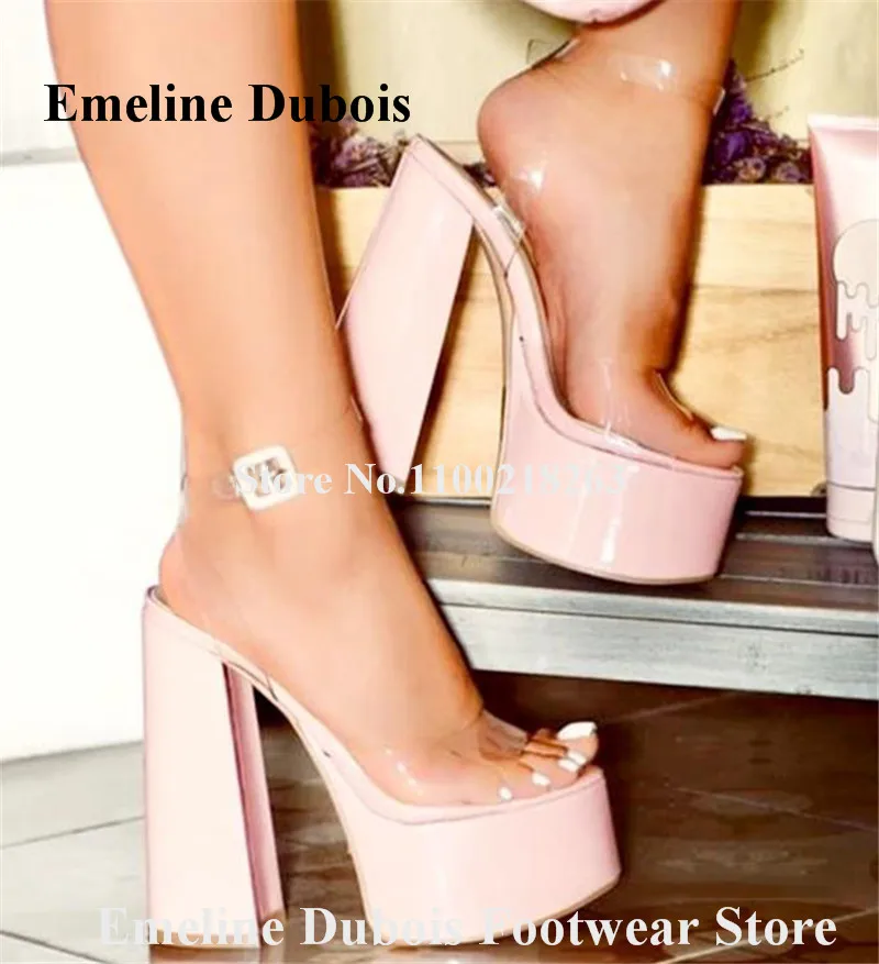 PVC Patchwork Chunky Heel Sandals Emeline Dubois Peep Toe Clear Transparent Pink Beige Patent Leather Thick Heel Dress Shoes