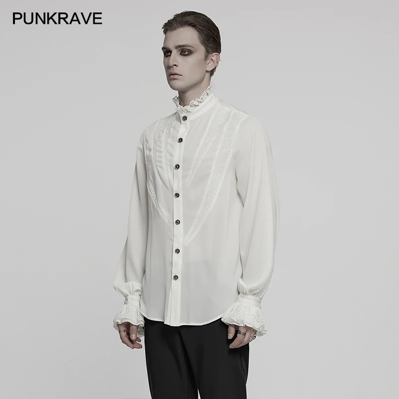 PUNK RAVE Men's Gothic Sharp Teeth Segmentation Shirt Chiffon & Lace Party Elegant Tops Shirts Two Colors Available Men Clothing
