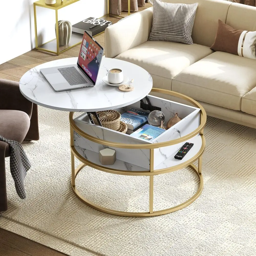 2 Tier Round Lift Top Coffee Table with Hidden Storage Compartment Home Office