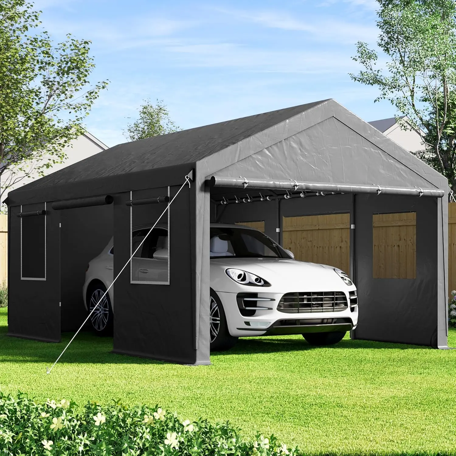 

SANWAY 12'x20' Heavy Duty Carport with Removable Sidewalls & Doors, Portable Carport Canopy with Roll-up Ventilated Windows,Gray