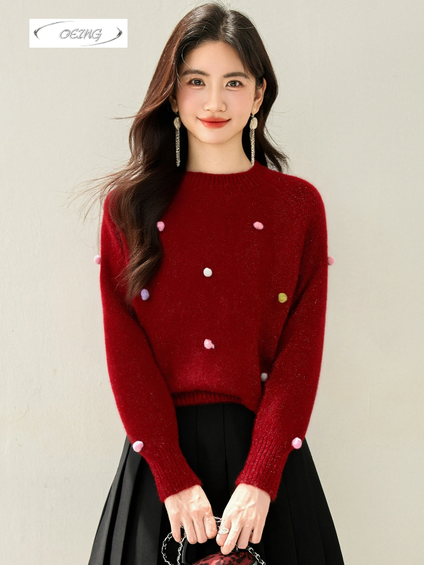 

Colorful Pom-pom O-neck Pullover Sweater Knitted Tops Women Autumn Winter Sweet Loose Chic Long Sleeve Red Jumper Knitwear 9738