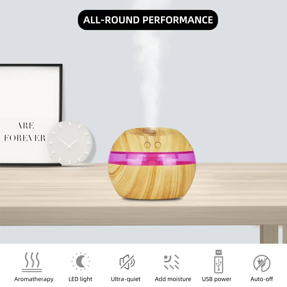 مرطب حبوب الخشب USB سعة 300 مل مع زيتين أساسيين، 7 مصابيح LED ملونة، هادئ للغاية، إيقاف تلقائي