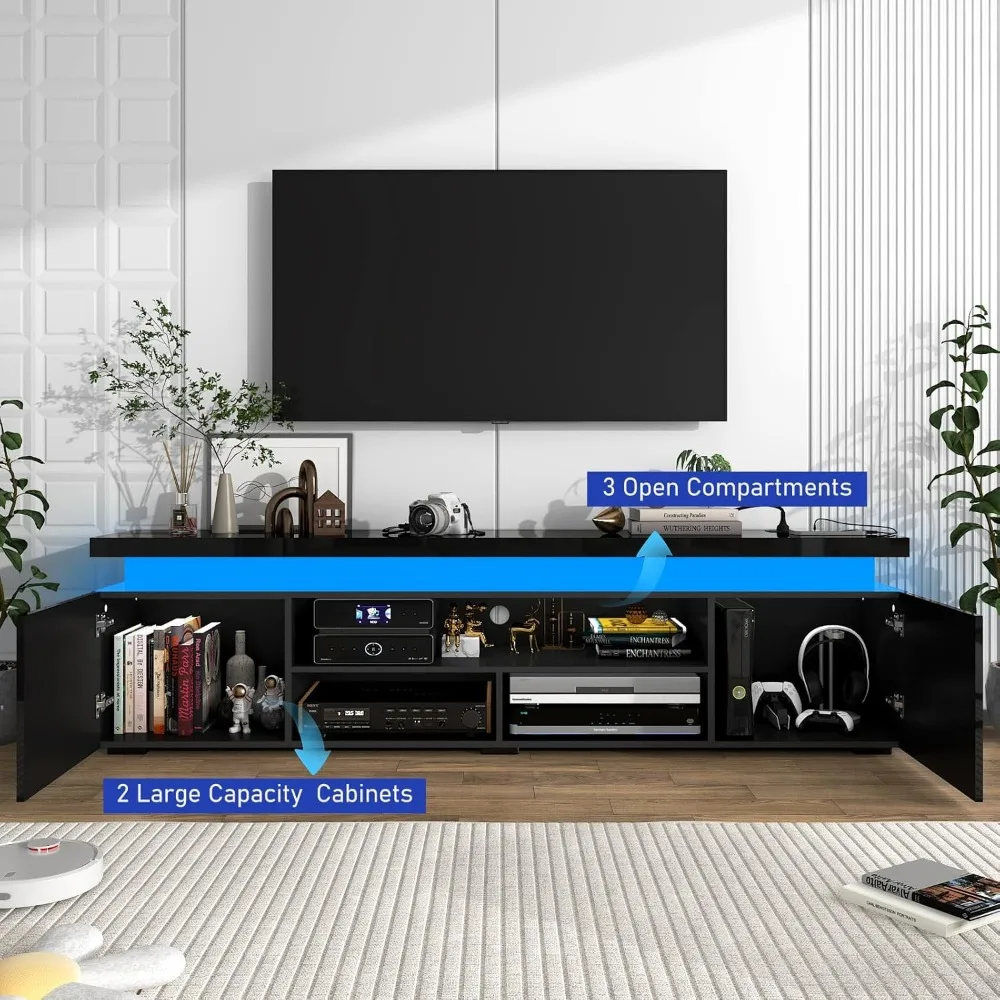 Modern 85 Inch LED TV Stand with Built-in Power Outlet and High Gloss Entertainment Center Featuring Storage and LED Lighting