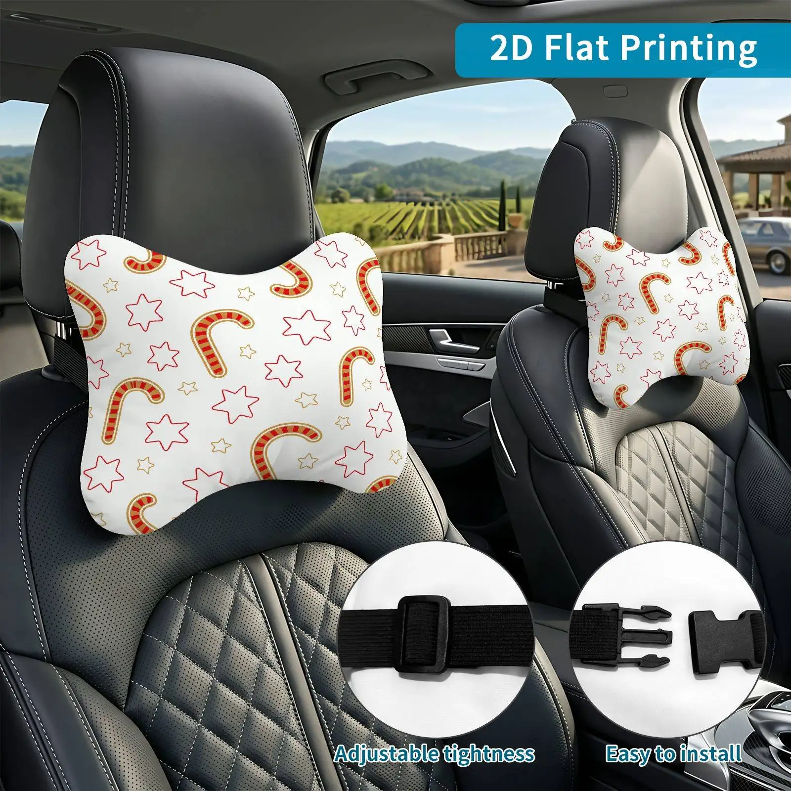 2pcs Candy Cane Star Pattern Car Seat Headrest, Neck Support Cushion, Suitable For All Seasons Of Car Additions, Festive Theme,