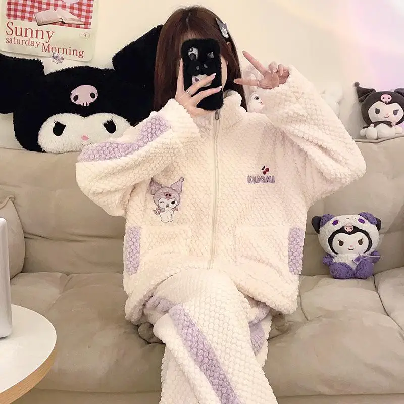 Kawaii Anime Kuromi Plush Pajamas Suit Sanrios Cartoon Pochacco Homewear Stand-Up Collar Nightwear Girl Winter Zipper Sleepwear