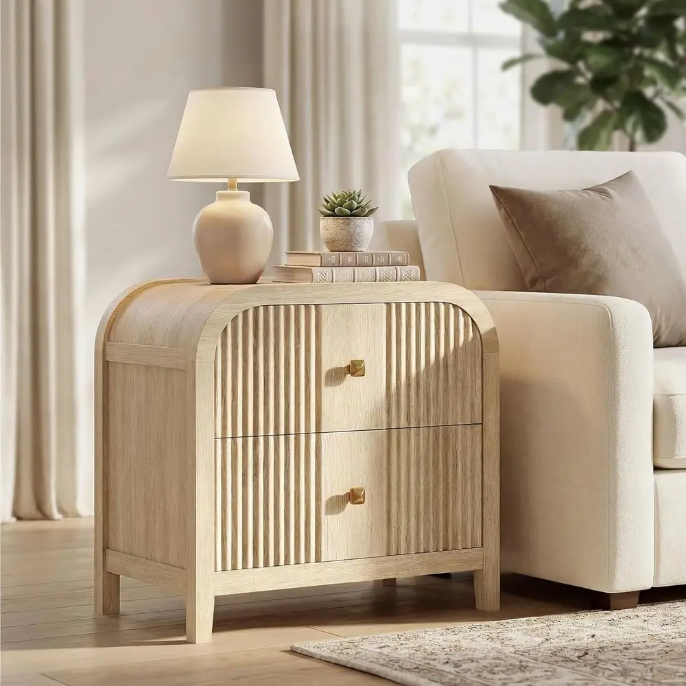 

Wave-Luted Front Nightstand with Curved Top and Thickened Wood, Brushed Copper Handles for Bedroom