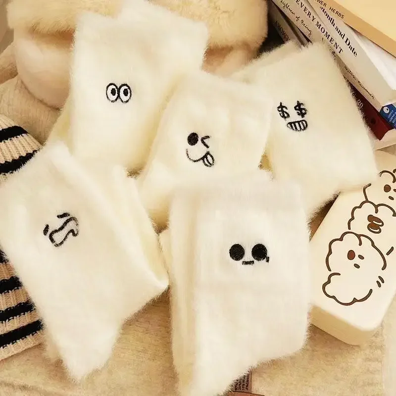 Women Funny Socks White Winter Warm Socks Smile Cute Kawaii Anime Floor Socks Lolita Y2k Thicken Fuzzy Socks