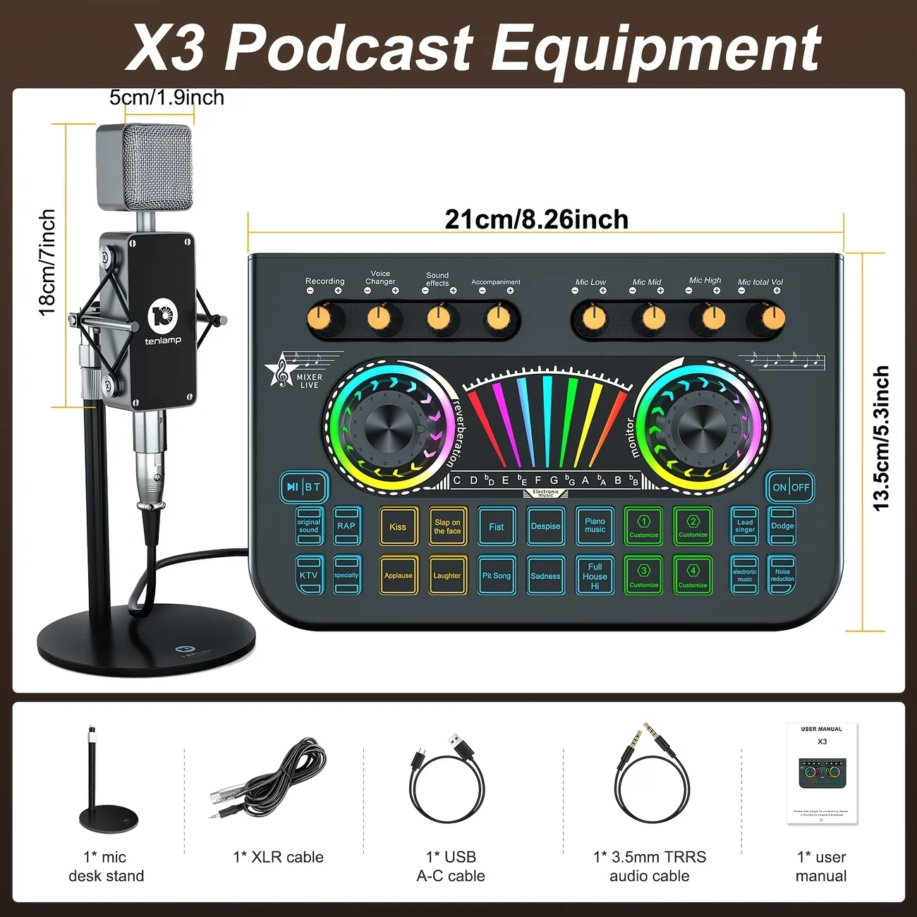 Tenlamp  X3-B333 Mic Mixer Set Podcast Influencer KOL Singing Gaming DJ Mixing Station Controller Equipment Studio Recording Electronic Music Mixer Power Karaoke Machine Available Dynamic Condenser Wireless Microphone Microfono Mini Disco Player