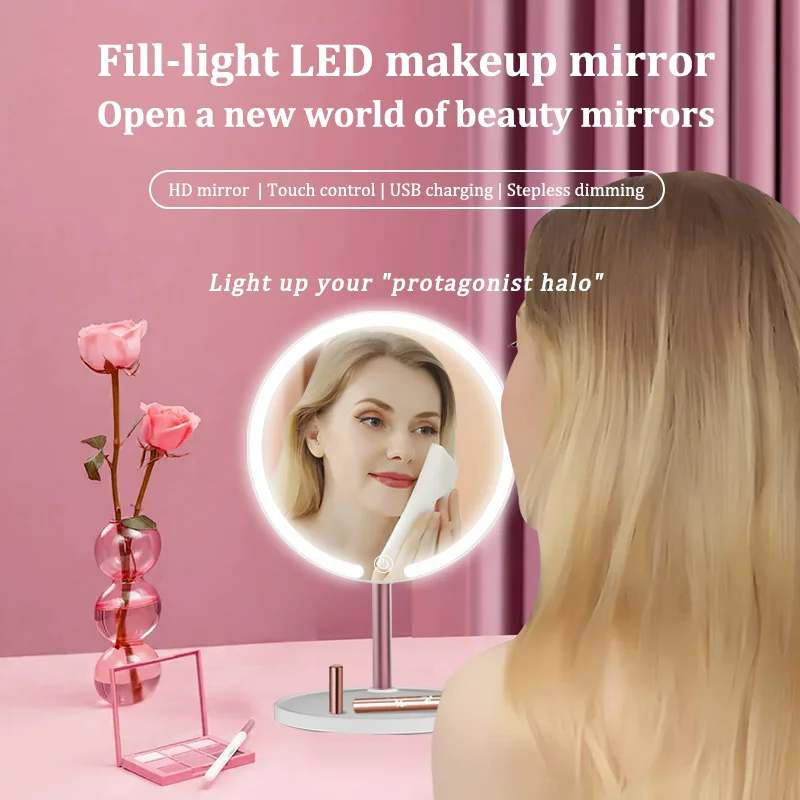 1200 mAh LED Vanity Mirror Tri-color Light Adjustment Touch Screen Portable Ultra Long Life Tray Organizer Desk Makeup Mirror