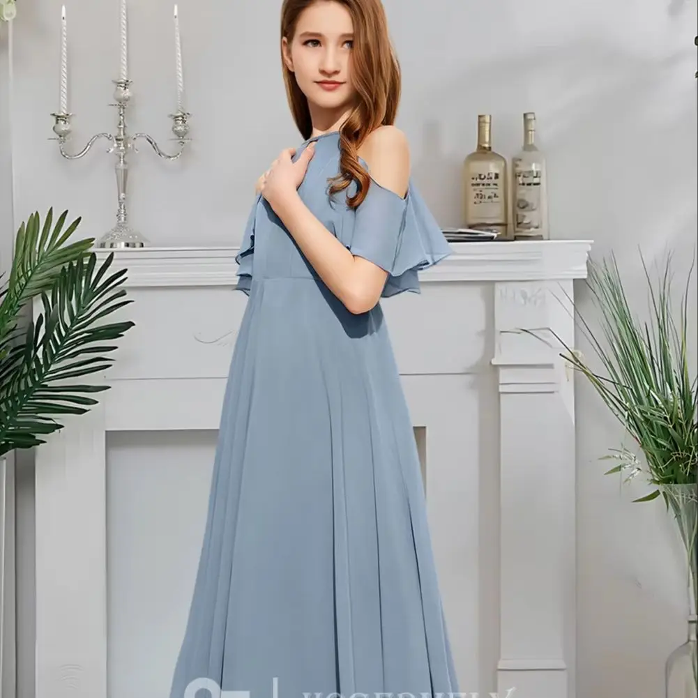 KGF Kids Halter Junior Bridesmaid Dress Misty Blue Flower Girl Dress Floor-Length Chiffon With Cascading Ruffled Layers Wedding