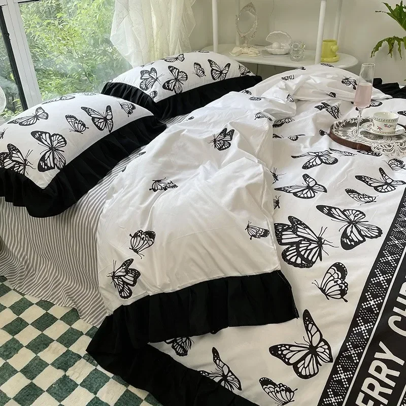 

Korean Style Sanding Water-washed Cotton Bedding Four-piece Set Hepburn Style Student Dormitory Bed Sheet Quilt Cover