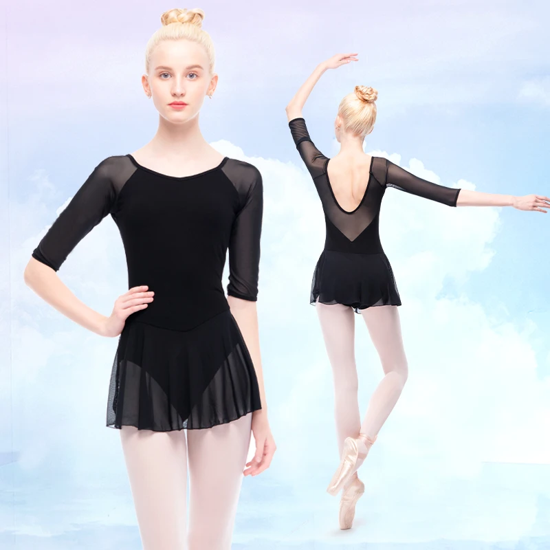 Women Ballet Leotards Dance Dress Soft Mesh Splice Three Quarter Sleeve Cotton Ballerina Costume Gymnastics Leotard