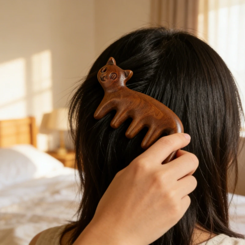 

Cat Shaped Sandalwood Comb Scalp Relaxation Acupoint Massager Portable Wooden Handle Five Tooth Comb Anti-static Styling Tools