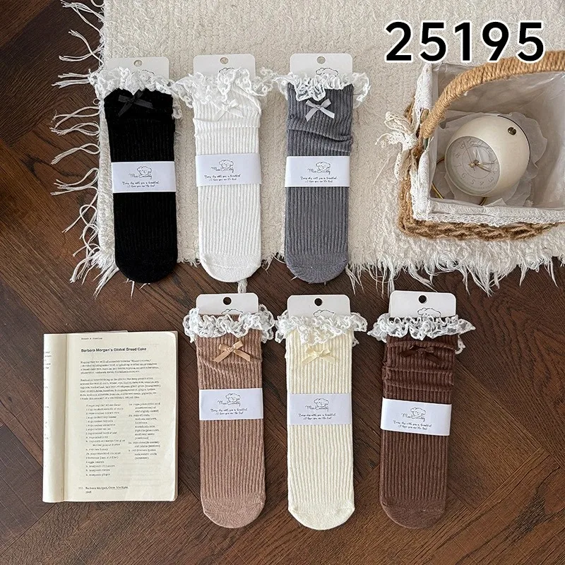 Girls Mid-calf Lolita Cotton Socks Ruffled Lace Bow Decor Slouchy Stackable Hosiery Double Needle Weave Ballet Soft Breathable