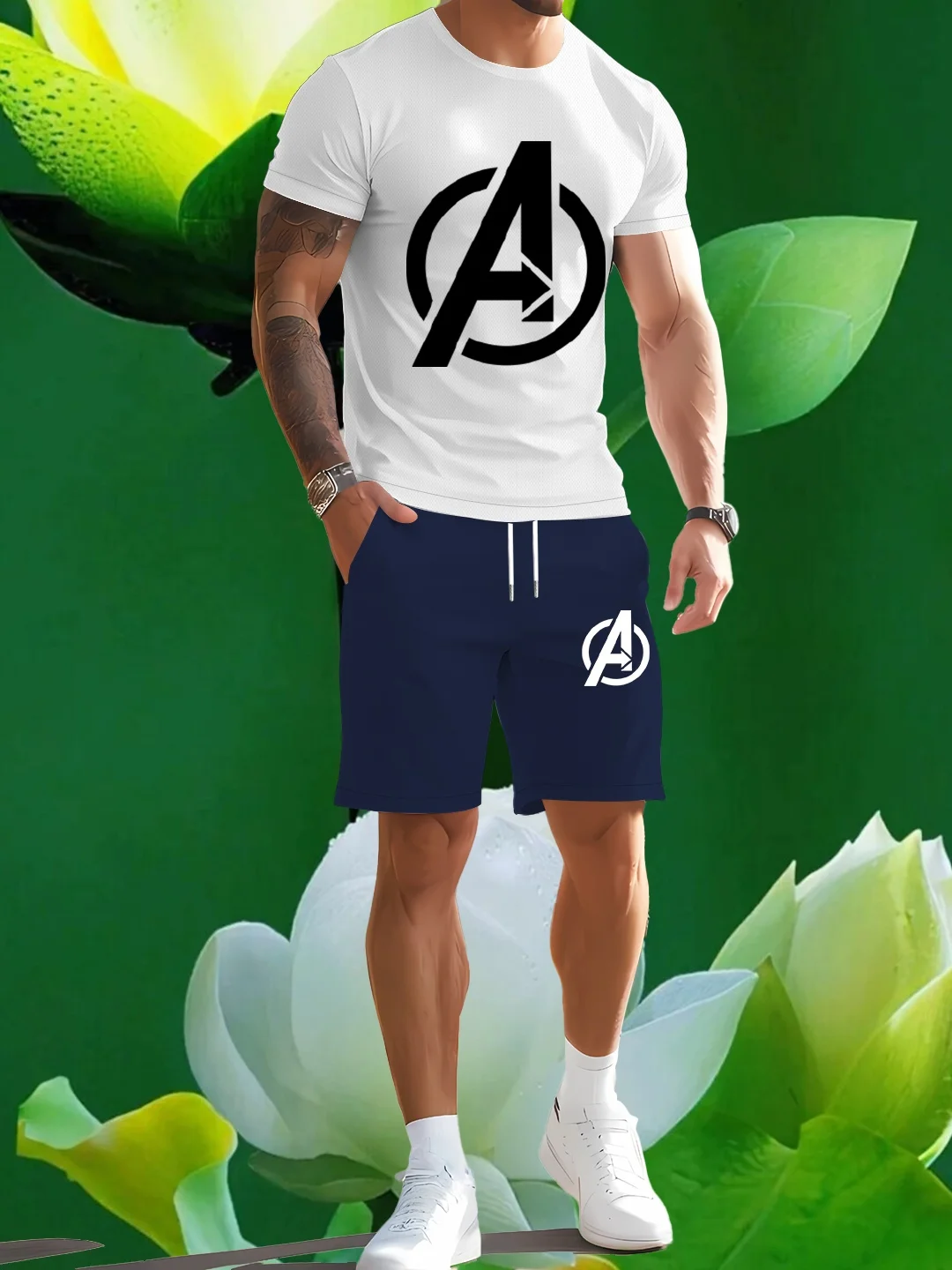 

Men's summer outdoor casual short sleeved T-shirt shorts set, loose, quick drying, breathable, skin friendly