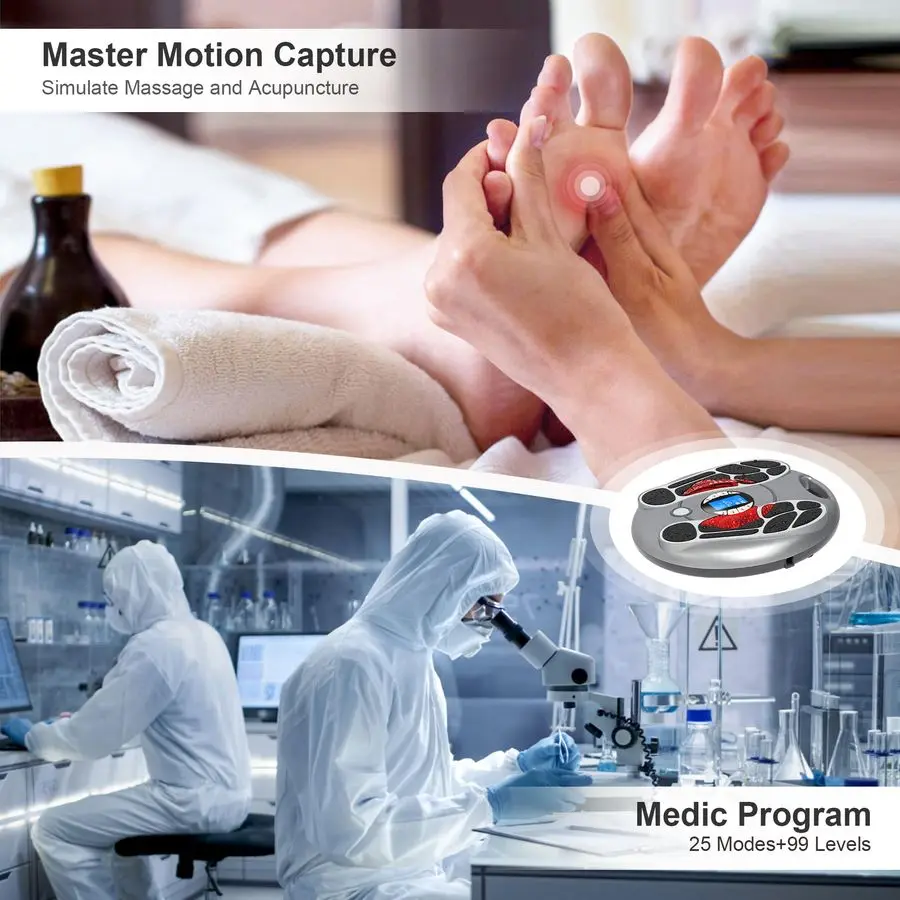 مدلك للعصبي، محفز القدم EMS TENS للدورة الدموية وتخفيف الآلام، وحدة تحفيز العضلات مع 4 أقطاب كهربائية