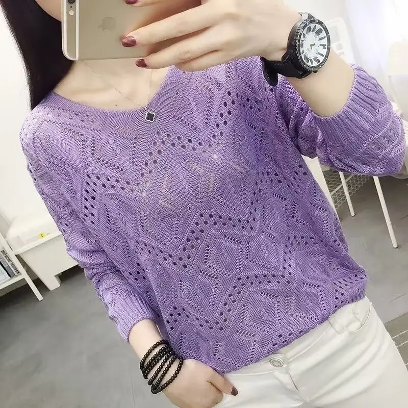 New Women\'s V-neck Hollow Knitted Shirt for Women Thin Edition, Early Autumn Top Versatile Hoodie Trendy Outfit