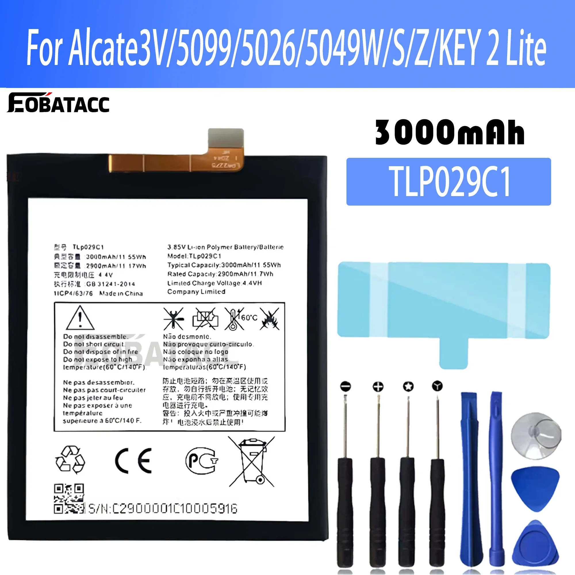 

100% New Original Battery TLP029C1 For Alcatel 3V/5099/5026/5049W/5049S/5049Z /Key 2 Lite/KEY 2LE Battery + Free Tools