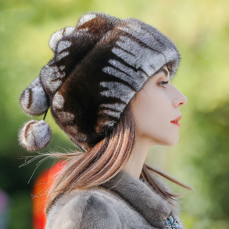 Winter Fur Hats Women Stylish Warm Natural Whole Mink Fur Luxury Caps Earflap High Quality Hat Anti Cold Snow Hat