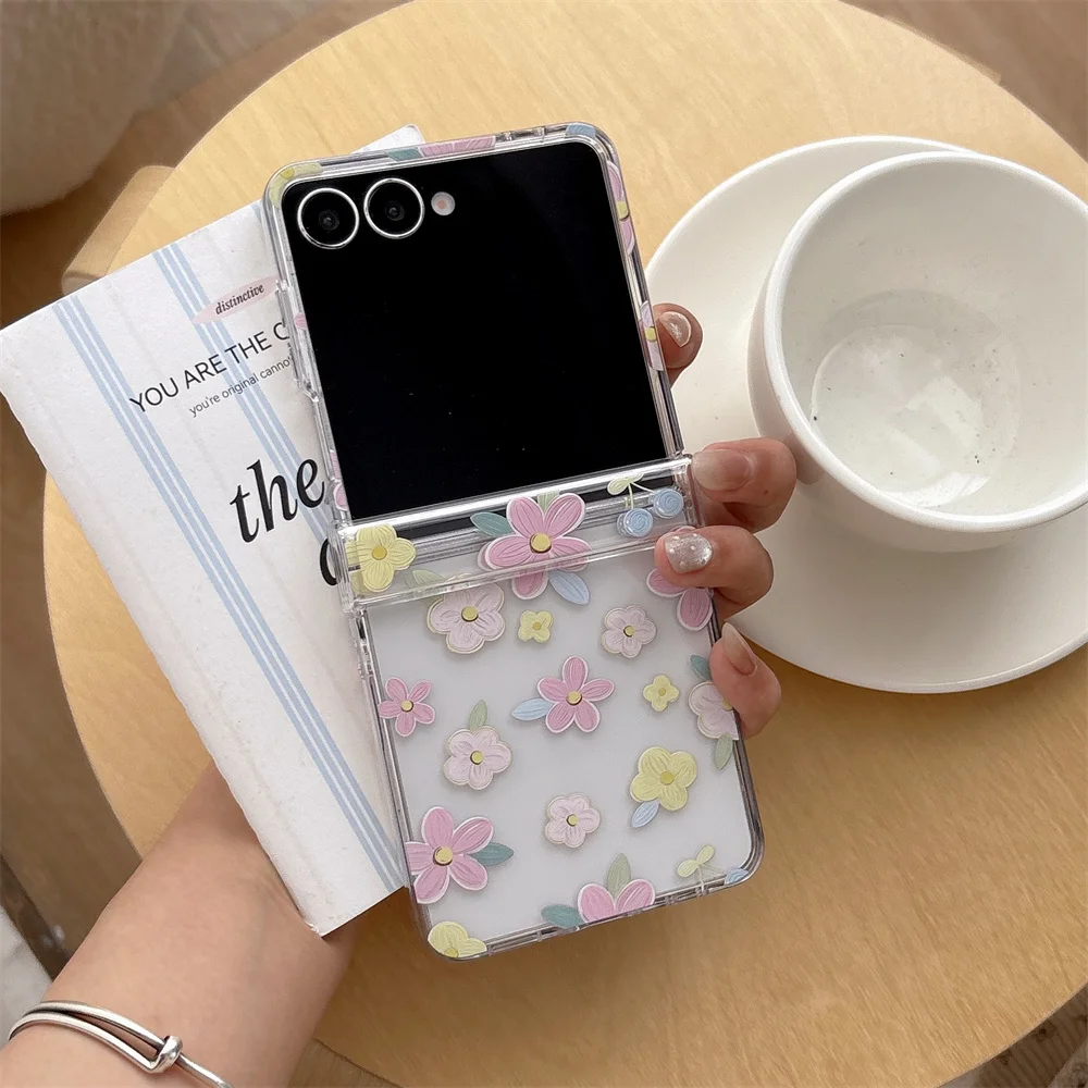 Cottagecore Pastel Sweet Spring Floral Printed Phone Case for Samsung Galaxy Z Flip 8-3 Cute Crystal Bead Strap Protective Cover