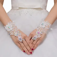 Guantes de novia de diamantes de imitación sin dedos de encaje para boda