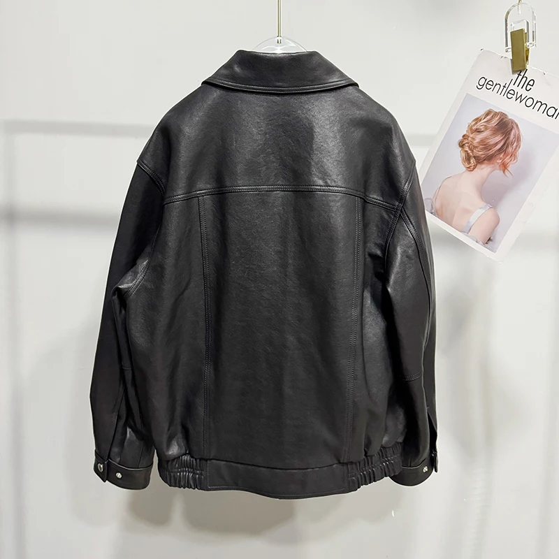 Genuine Leather Bomber Jacket for Women Autumn Vintage Lapel Snap Button Pockets Oversized Sheepskin Coat Streetwear Veste Femme