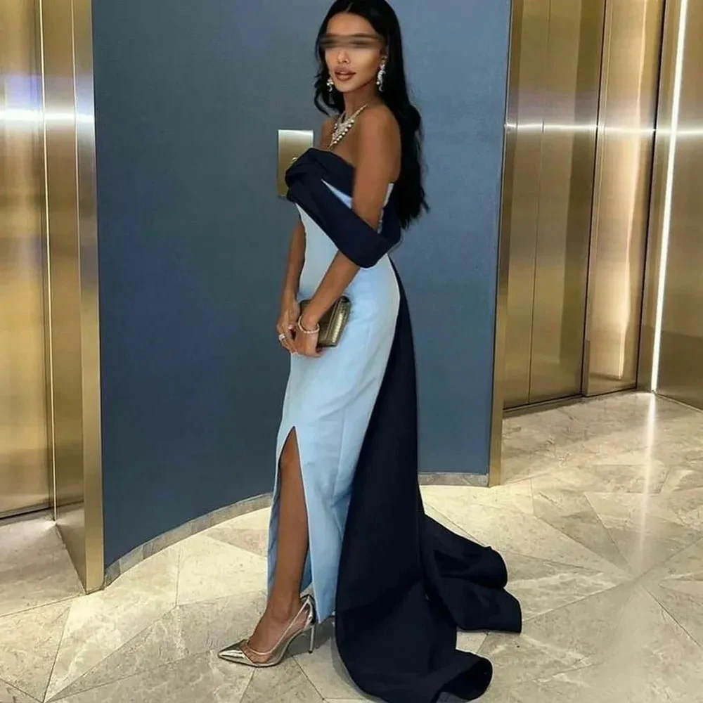 

Simple Sexy Jersey Straight Evening Dress Off The Shoulder Sweep Train Fashion Party Gown Sleeveless side Low-Slit Formal Gowns