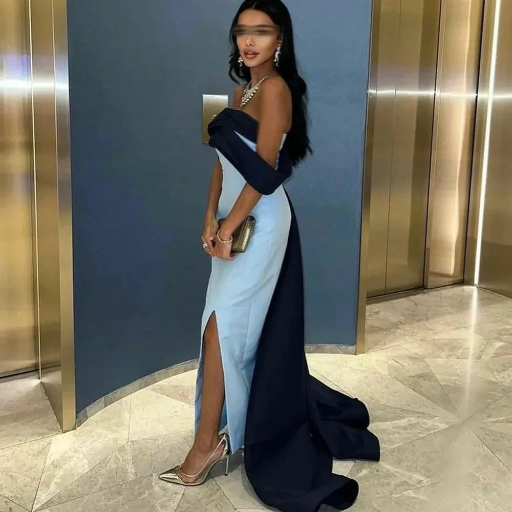 Simple Sexy Jersey Straight Evening Dress Off The Shoulder Sweep Train Fashion Party Gown Sleeveless side Low-Slit Formal Gowns