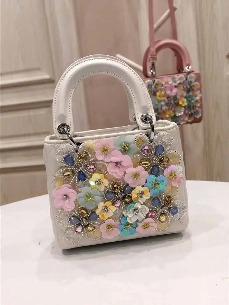 

Sweet Women Flowers Beading Pu Leather Handbag Pink White Ladies Small Casual Totes New Fashion Diamonds Crossbody Shoulder Bag