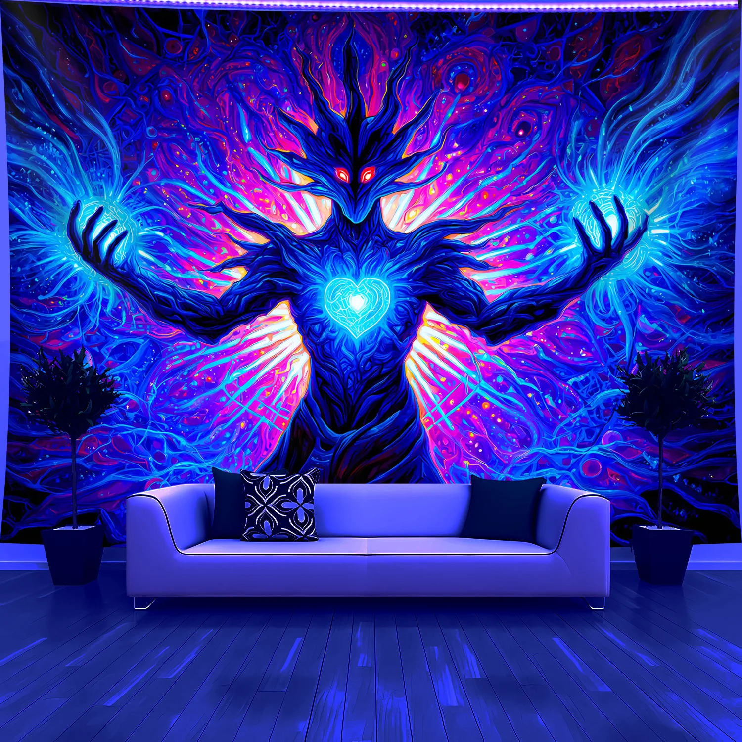 

Гобелен VIKAMA Fantasy Heartlight Creature, красные глаза, голубое сердце, загадочный декор для гостиной, тематическая функция, настенный акцент для комнаты