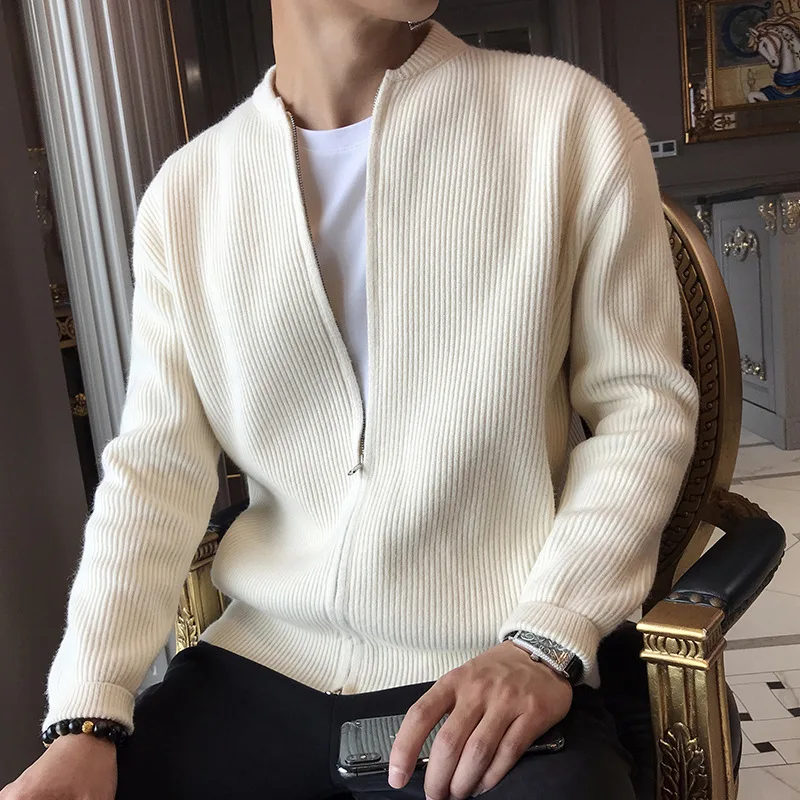 

2024 New Spring and Autumn Korean Edition Trend Stand Collar Solid Color Pit Stripe Slim Fitting High-end Men's Sweater Cardigan